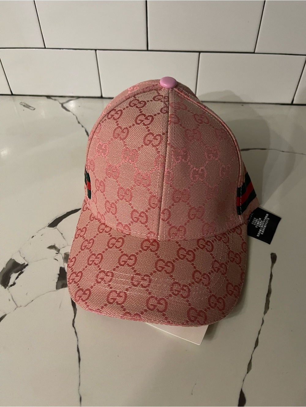 Gucci Pink GG Monogram Baseball Cap with Web Stripe